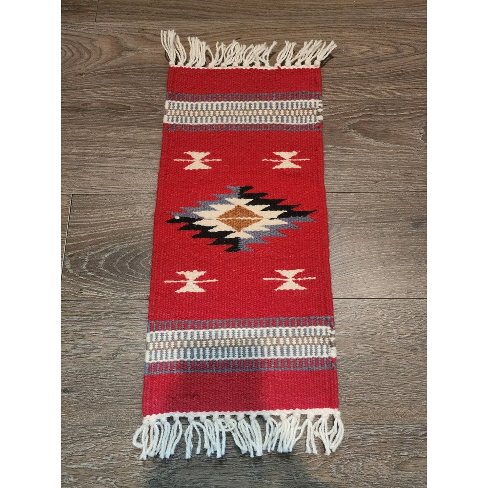 Vintage 50s Southwestern Wool Rug Placemat Handwoven Red Diamond Textile 24x10